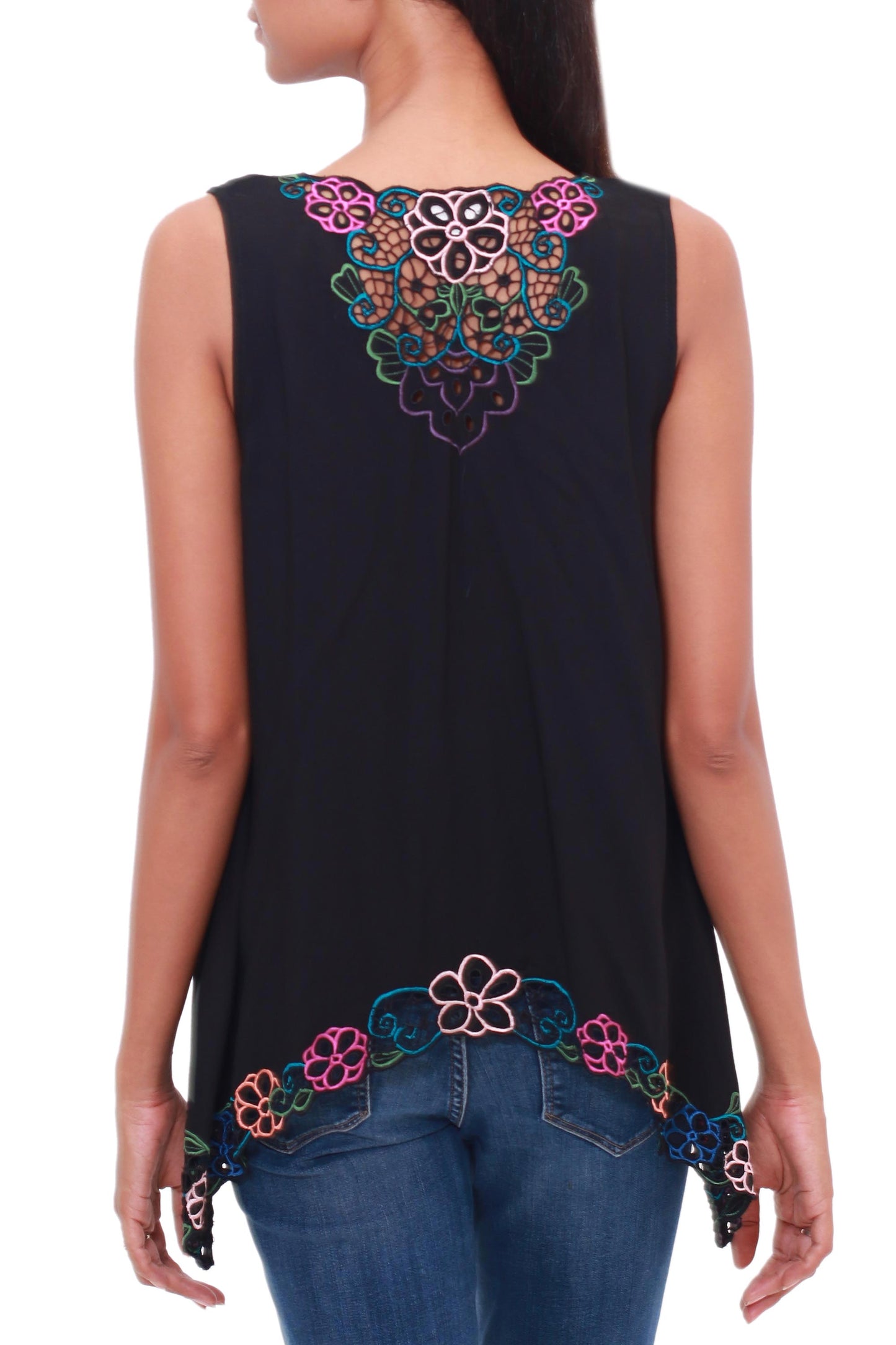 Flower Colors in Black Floral Embroidered Rayon Blouse in Black from Bali