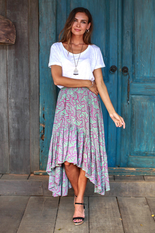 Gingko Leaf Batik Rayon Skirt in Green and Magenta from Bali