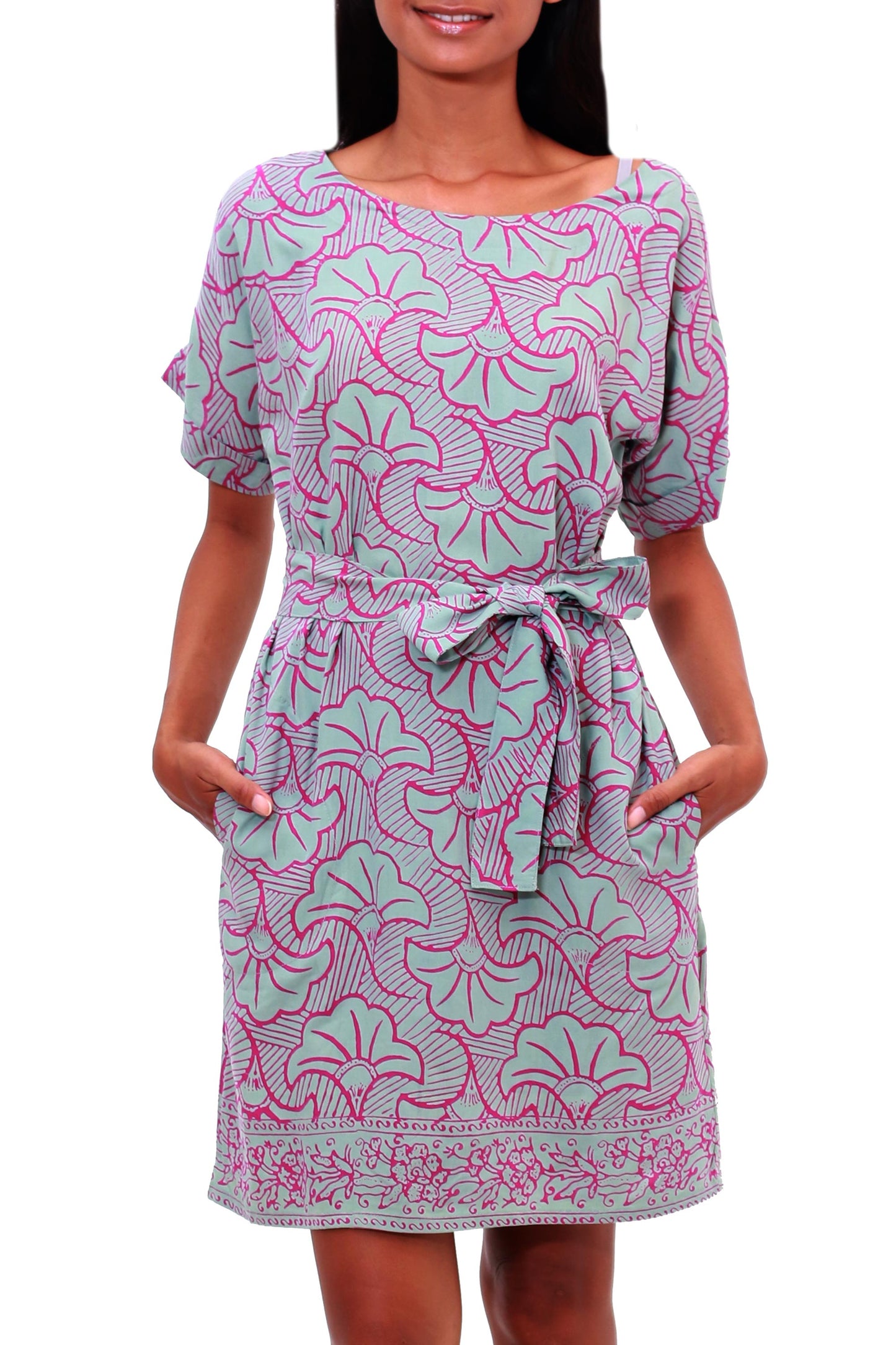 Gingko Leaf Batik Rayon Shift Dress in Green and Magenta from Bali