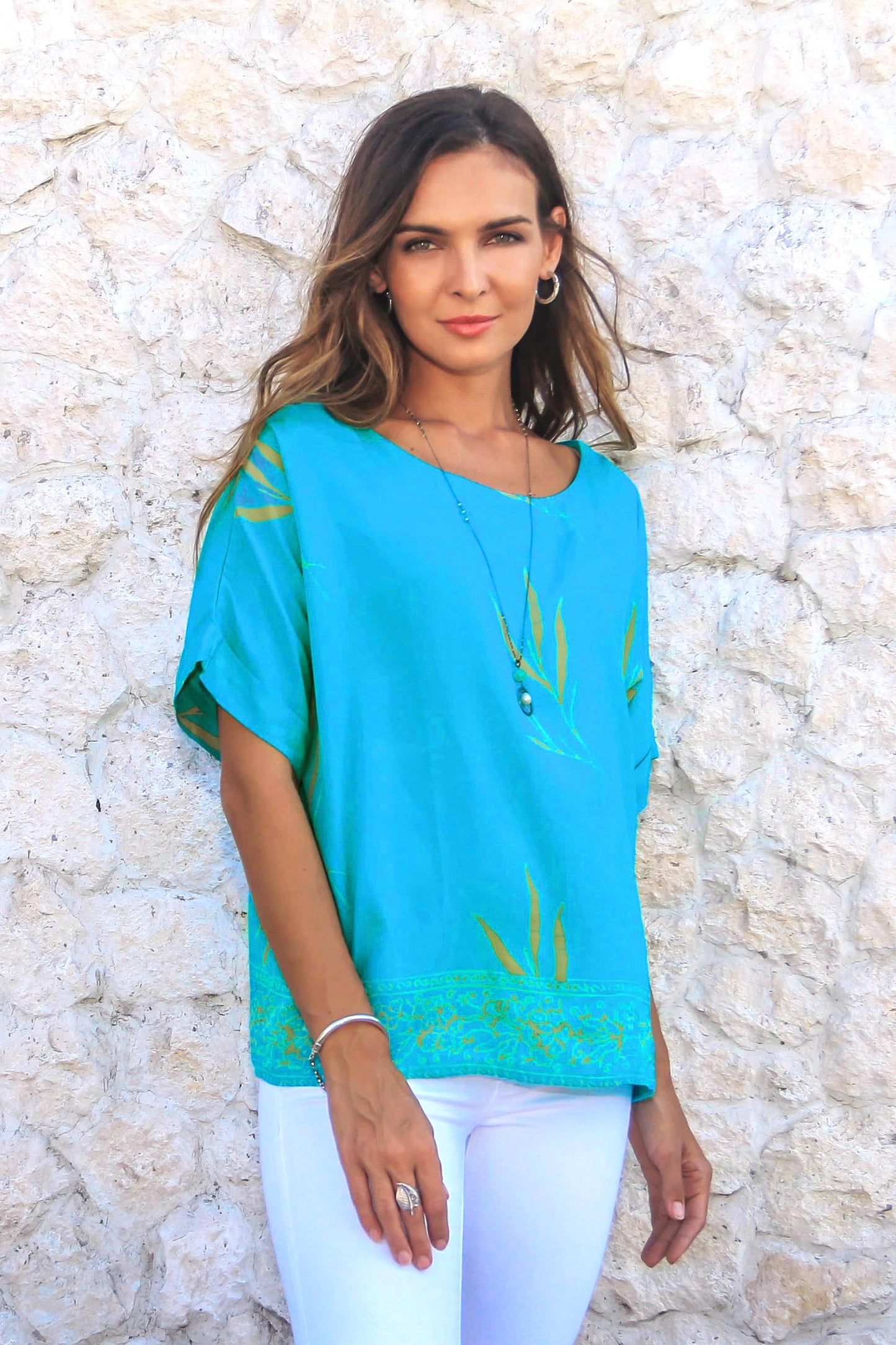 Balinese Breeze in Turquoise Batik Rayon Blouse in Turquoise and Lemon from Bali