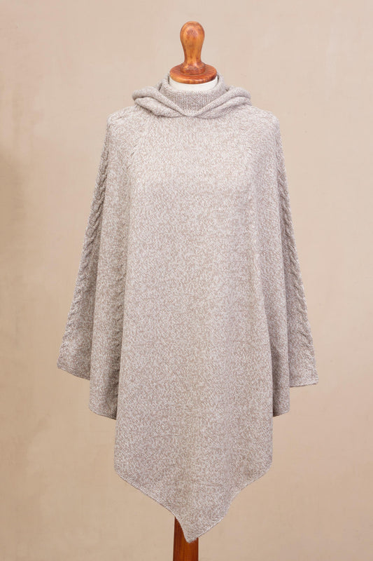 Adventurous Style in Taupe Knit Alpaca Blend Hooded Poncho in Taupe from Peru