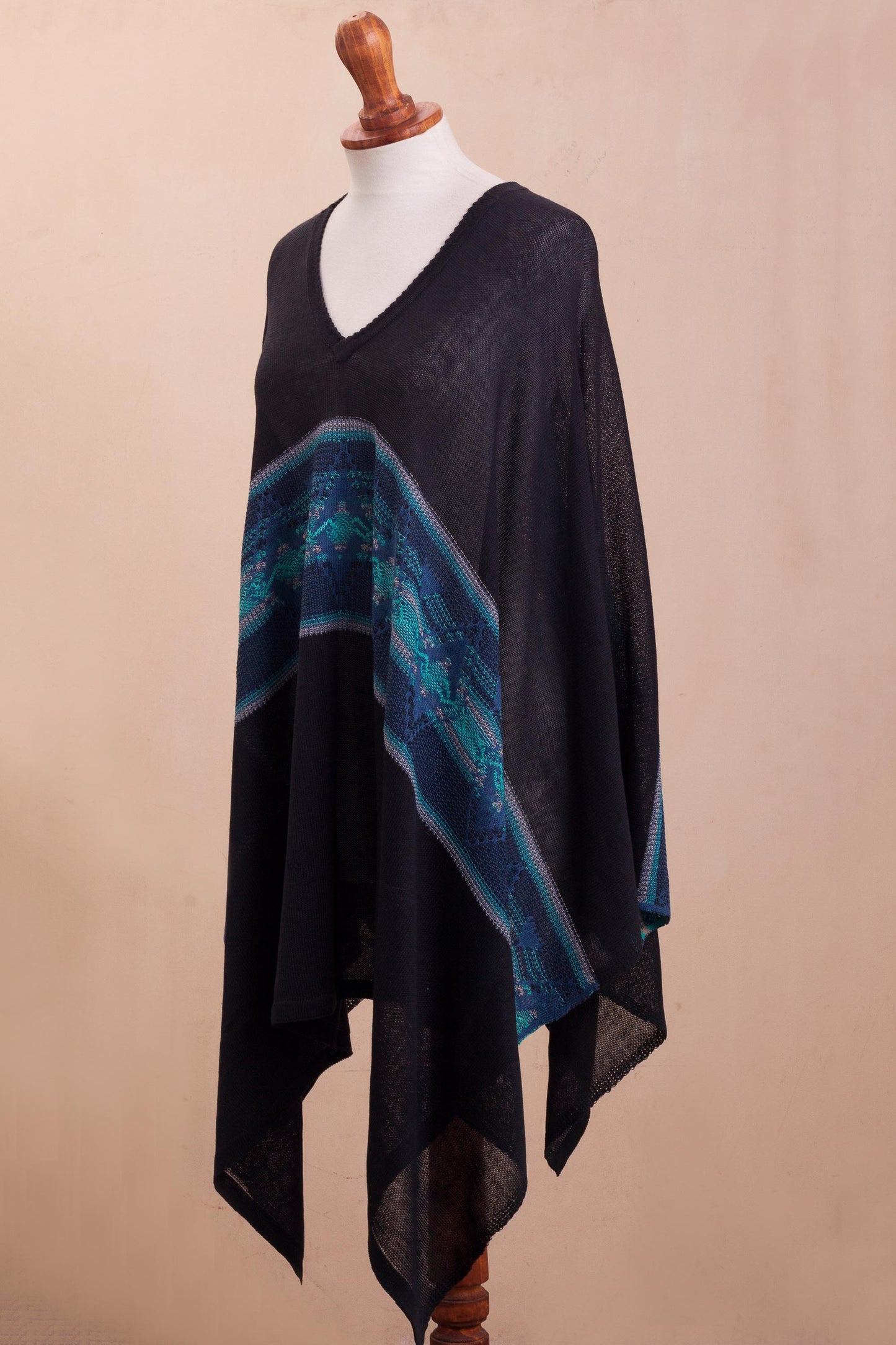 Seasonal Escape Artisan Crafted Cotton Blend Poncho in Black and Blue