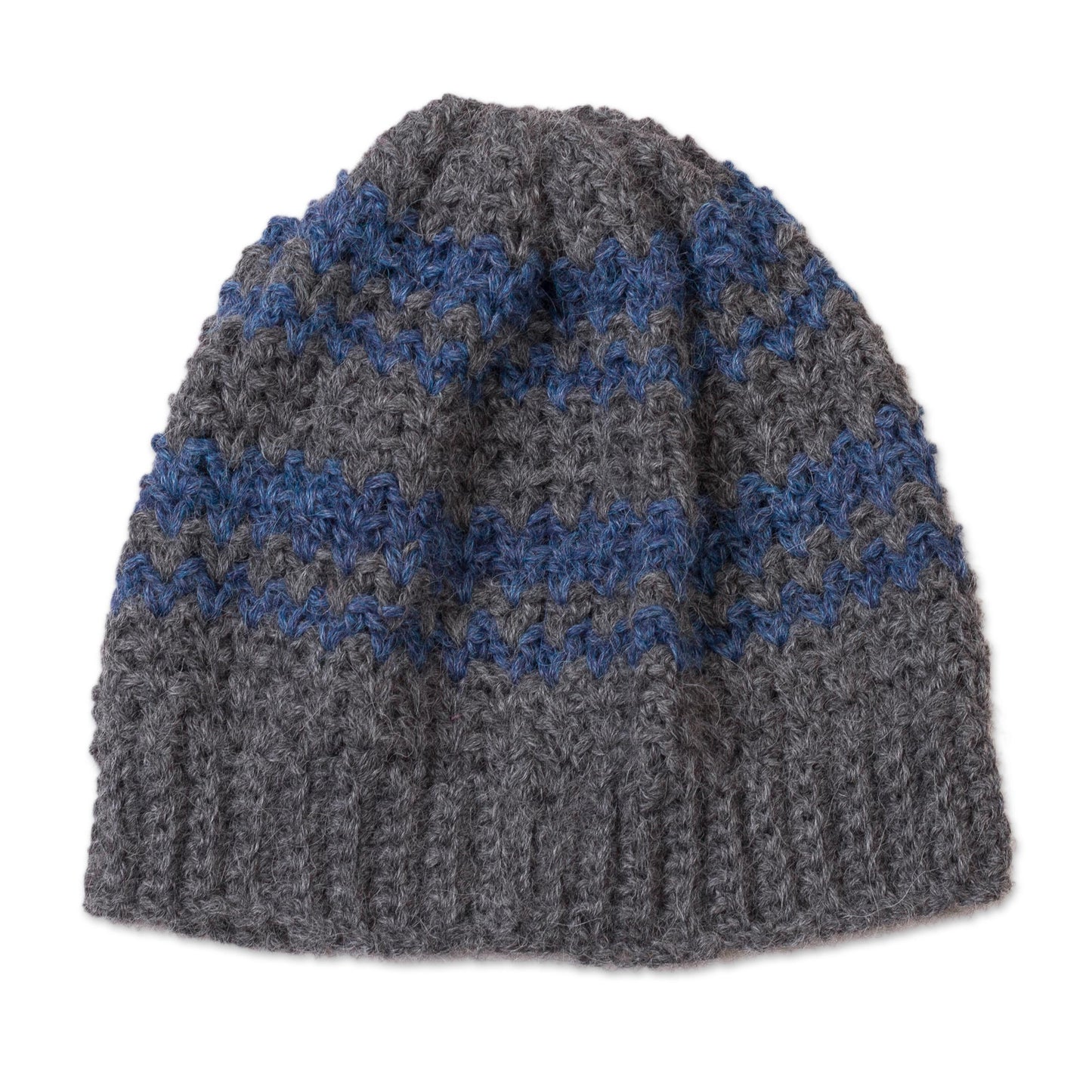 Bold Adventure Striped Azure and Graphite 100% Alpaca Hat from Peru