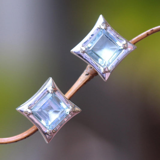 Elegance of Squares Square Blue Topaz Stud Earrings Crafted in Bali