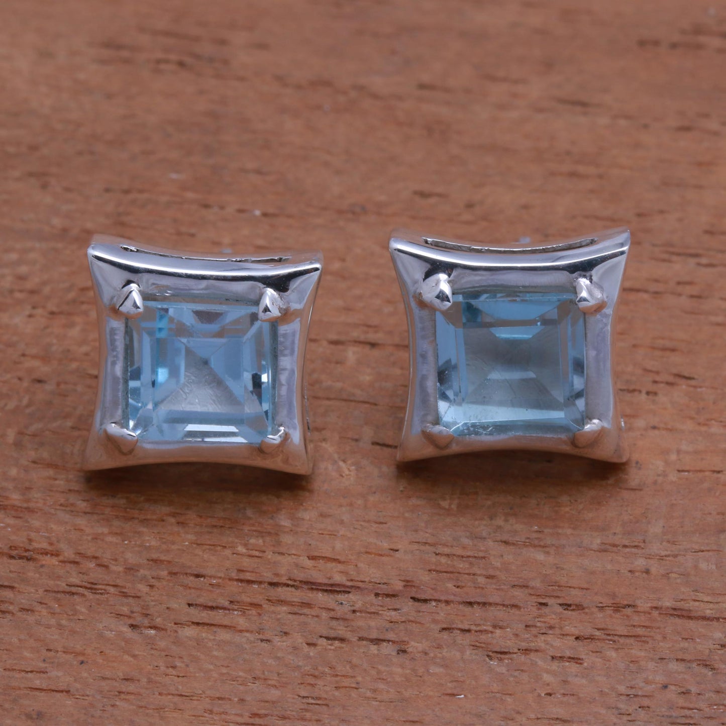 Elegance of Squares Square Blue Topaz Stud Earrings Crafted in Bali