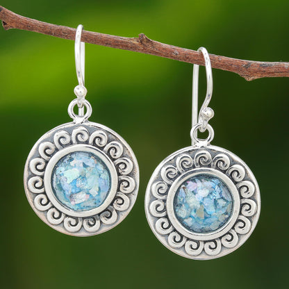 Sun of the Sea Curl Pattern Roman Glass Dangle Earrings from Thailand