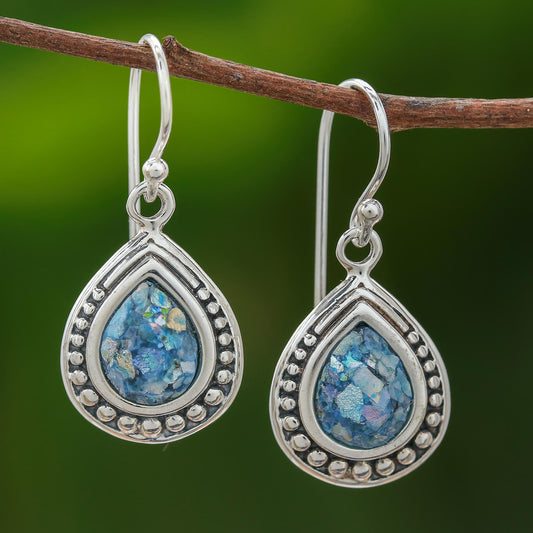 Ancient Teardrops Drop-Shaped Roman Glass Dangle Earrings from Thailand