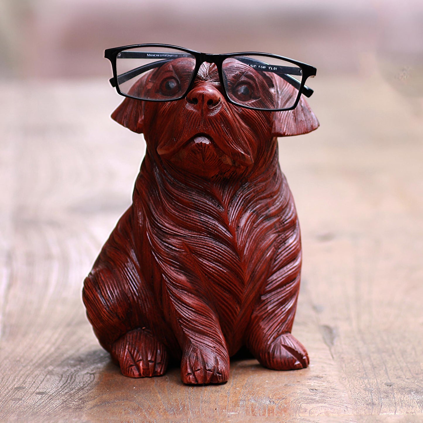 Obedient Pug Hand-Carved Suar Wood Dog Eyeglasses Holder