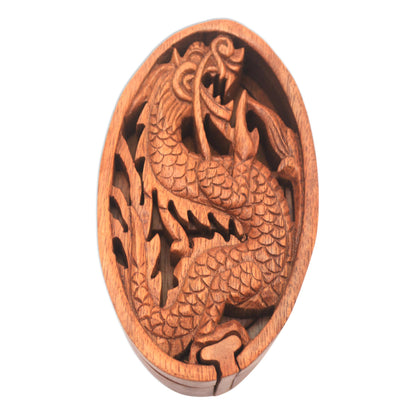 Dragon Oval Dragon-Themed Suar Wood Puzzle Box from Bali