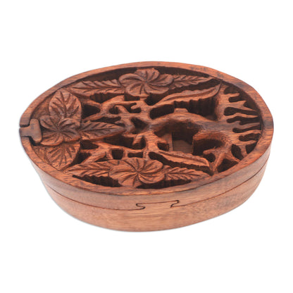 Plumeria Oval Floral Suar Wood Puzzle Box from Bali