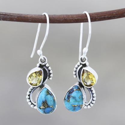 Two Teardrops Citrine and Composite Turquoise Teardrop Dangle Earrings