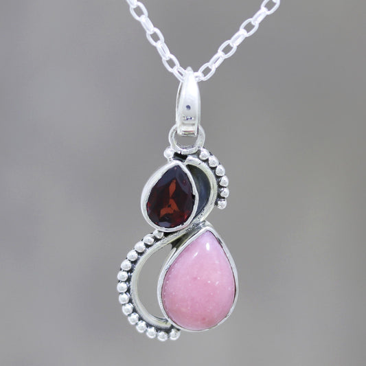 Two Teardrops Garnet and Opal Teardrop Pendant Necklace from India