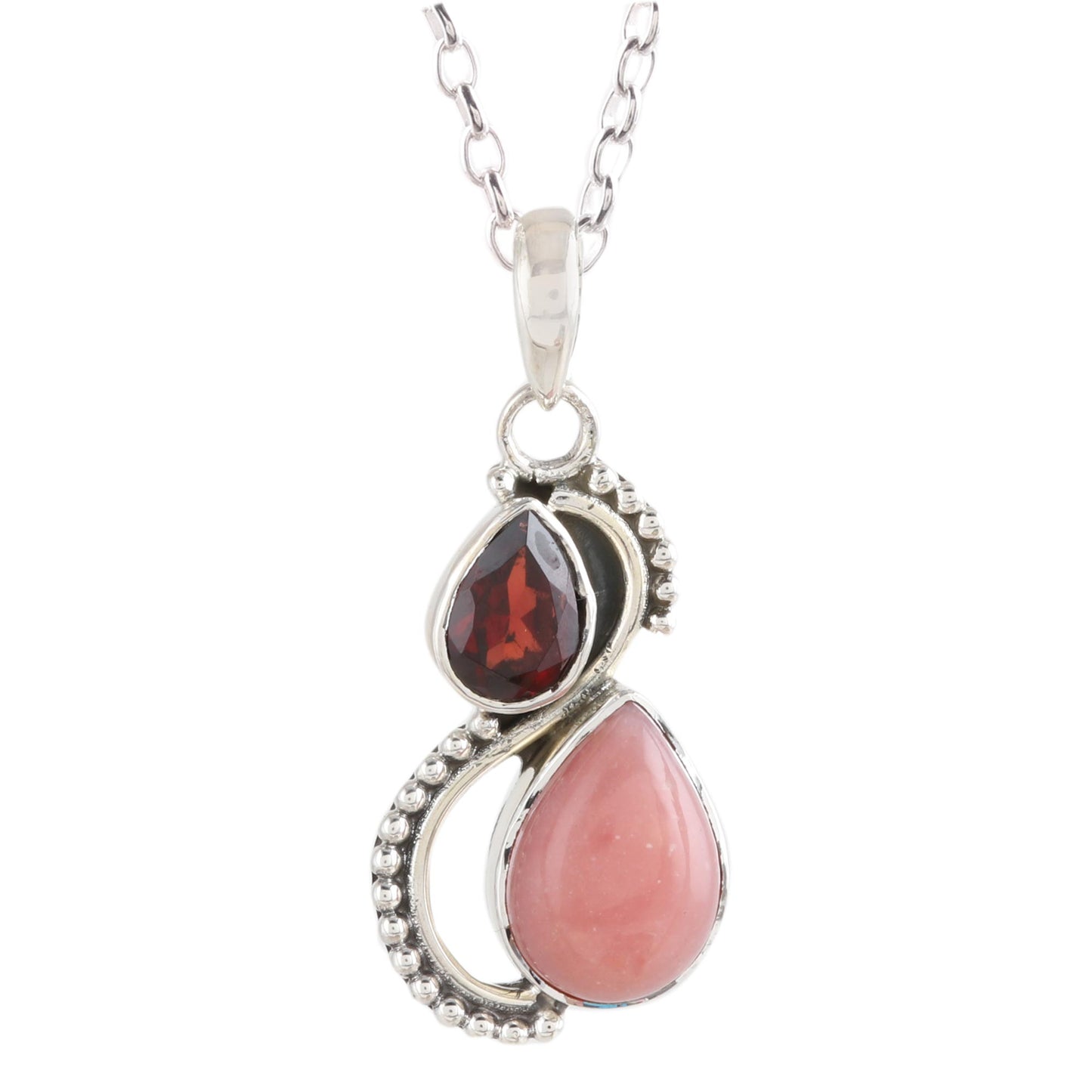 Two Teardrops Garnet and Opal Teardrop Pendant Necklace from India