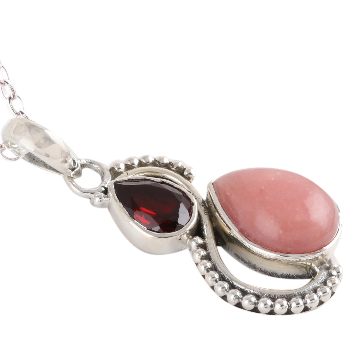 Two Teardrops Garnet and Opal Teardrop Pendant Necklace from India