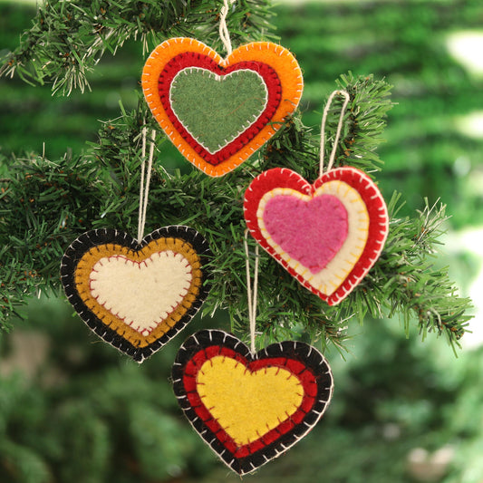 Entrancing Hearts Colorful Wool Felt Heart Ornaments from India (Set of 4)