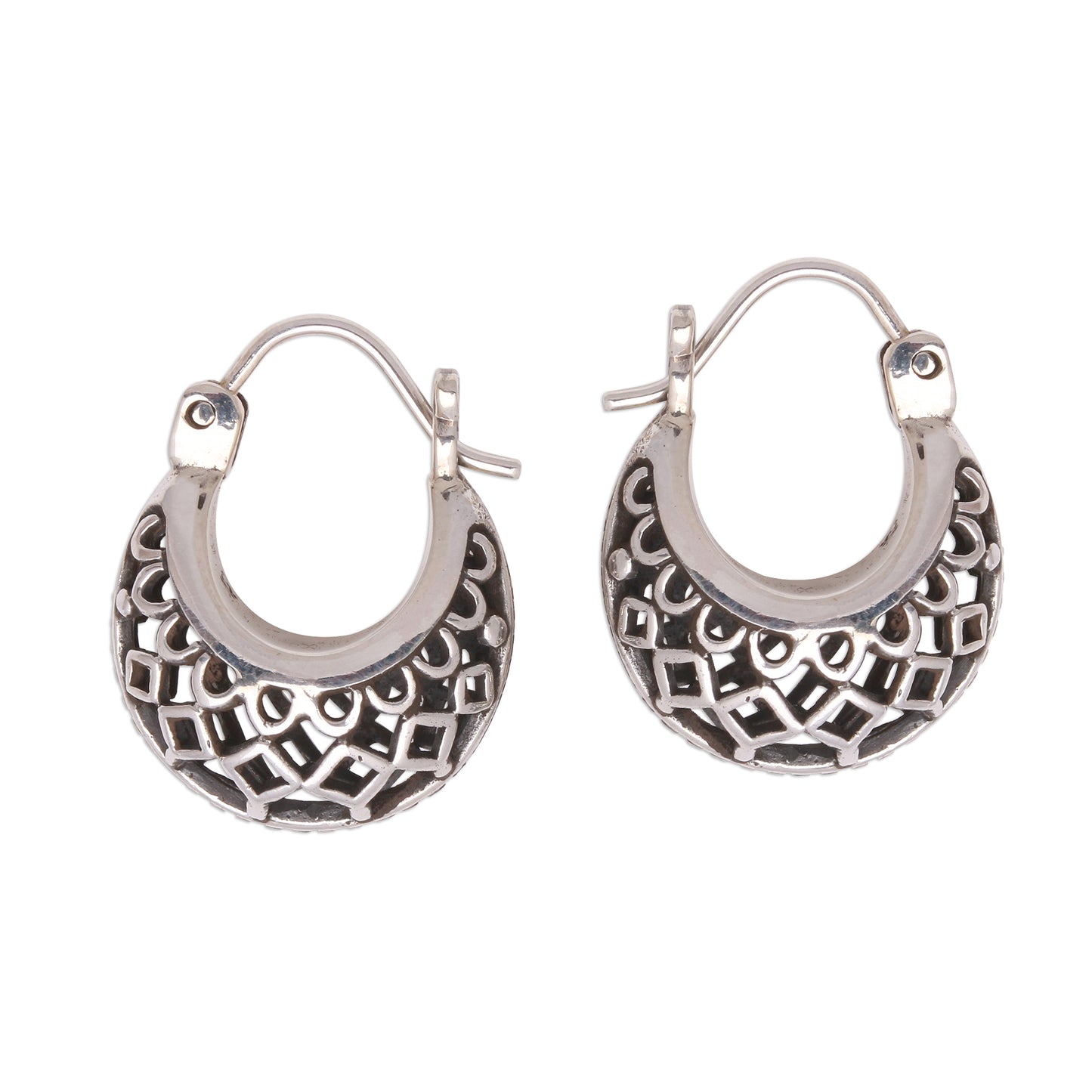 Curved Elegance Openwork Sterling Silver Hoop Earrings from Bali