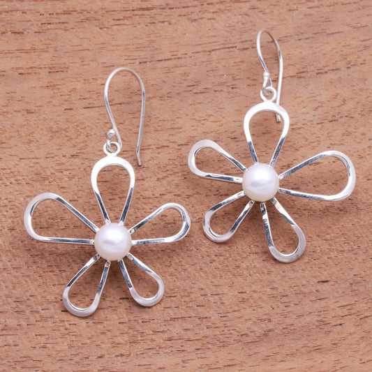 Flower's Center Floral Cultured Pearl Dangle Earrings Crafted in Bali