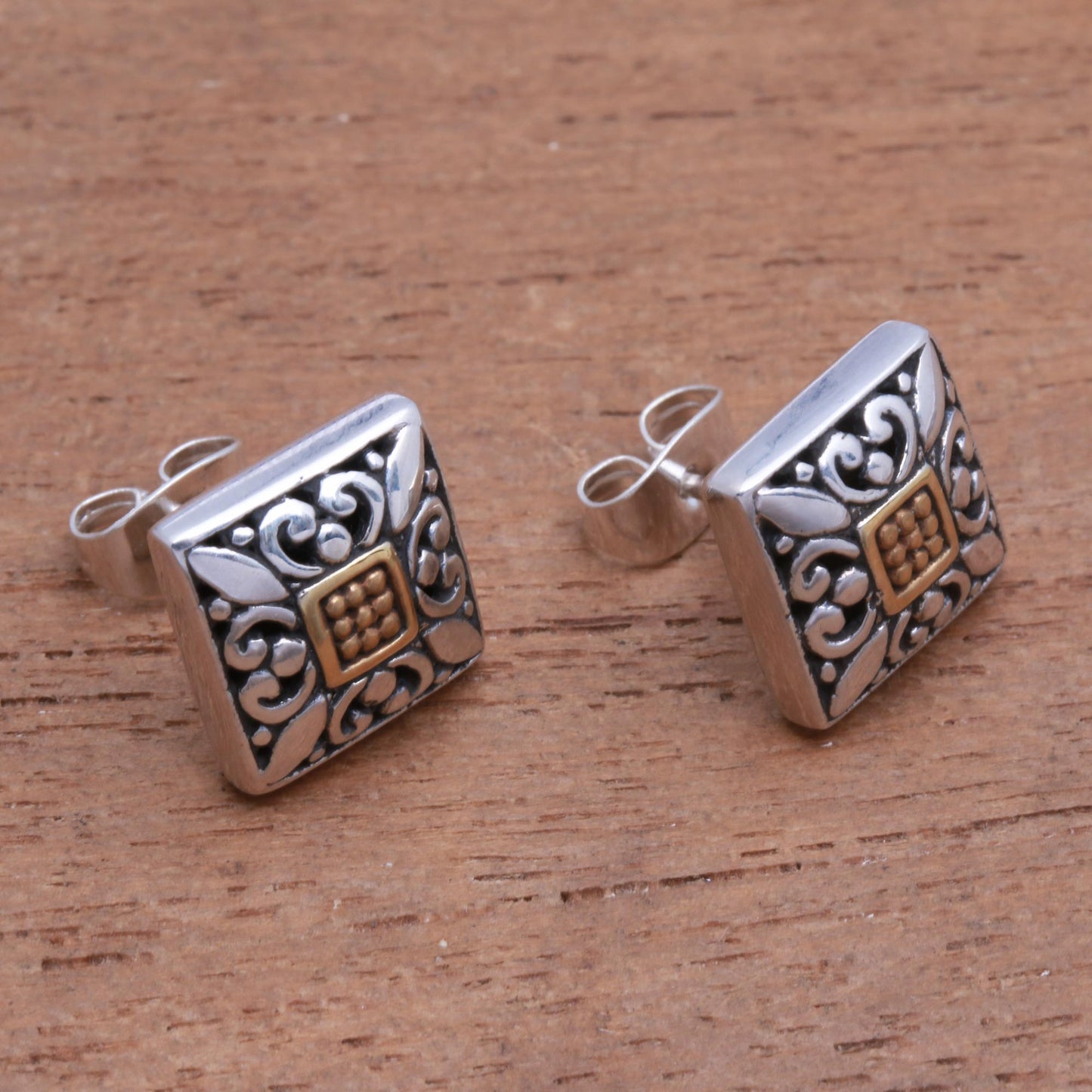 Window Glam Square Gold Accented Sterling Silver Stud Earrings from Bali