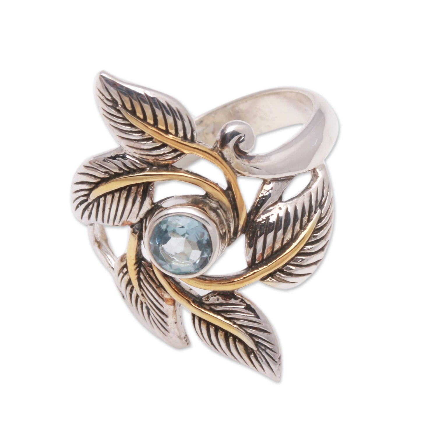 Wreathed in Leaves Leafy Gold-Accented Blue Topaz Cocktail Ring from Bali