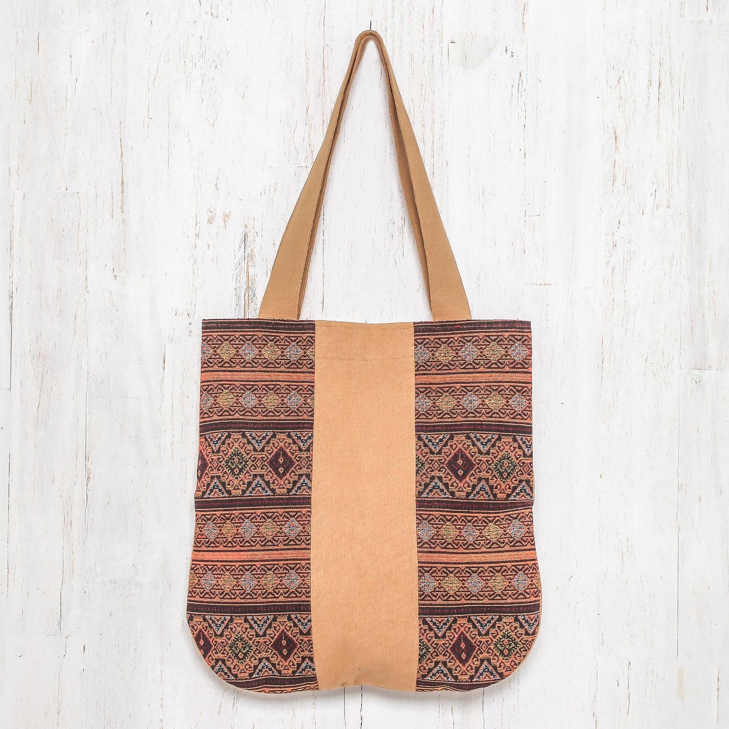 Lanna Caramel Geometric Cotton Shoulder Bag in Caramel from Thailand