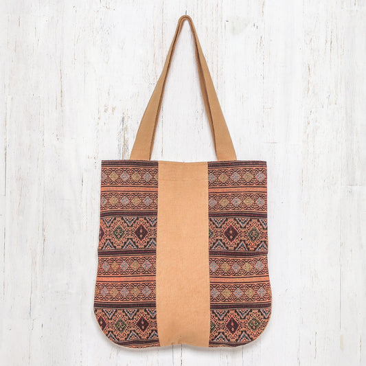 Lanna Caramel Geometric Cotton Shoulder Bag in Caramel from Thailand