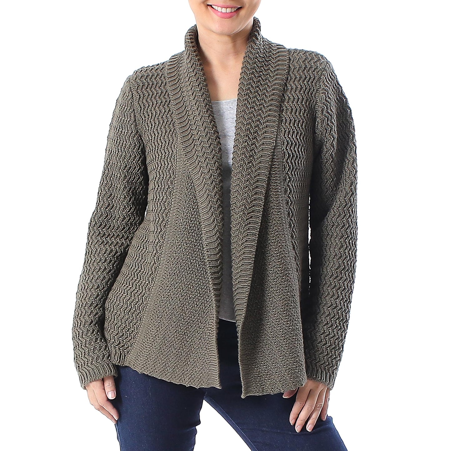 Cross Stitch in Dark Taupe Knit Cotton Cardigan in Dark Taupe from Thailand