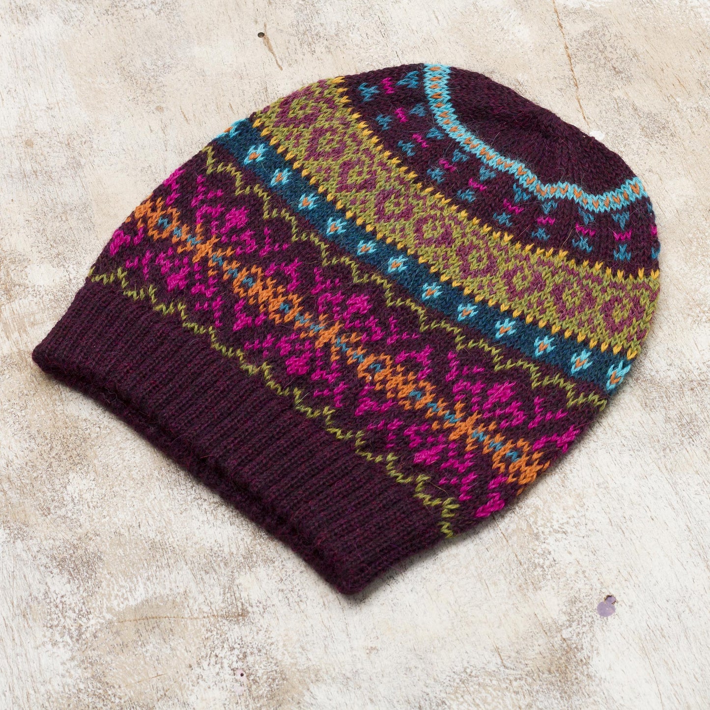 Colorful Carousel Multi-Color 100% Alpaca Knit Hat with Rows of Varying Motifs