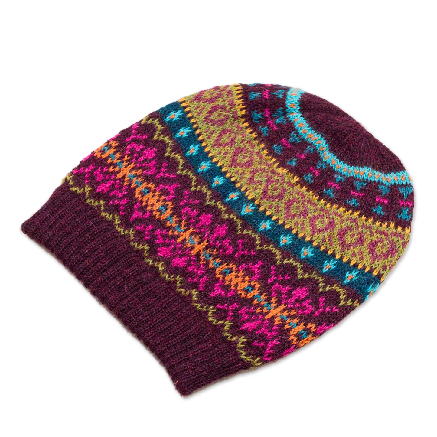 Colorful Carousel Multi-Color 100% Alpaca Knit Hat with Rows of Varying Motifs