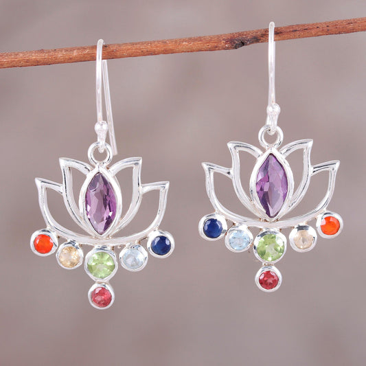 Lotus Chakra Floral Multi-Gemstone Chakra Dangle Earrings from India