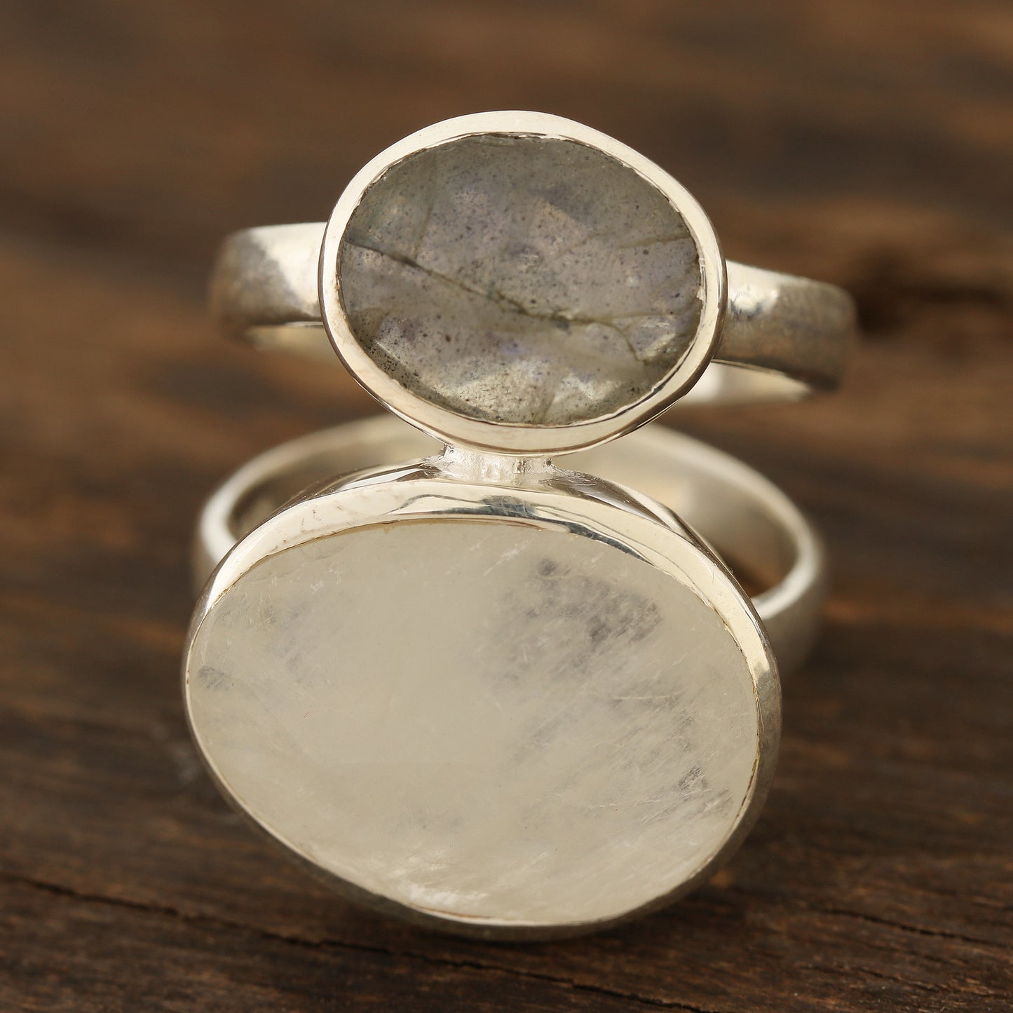 Evening Elegance Rainbow Moonstone and Labradorite Cocktail Ring from India