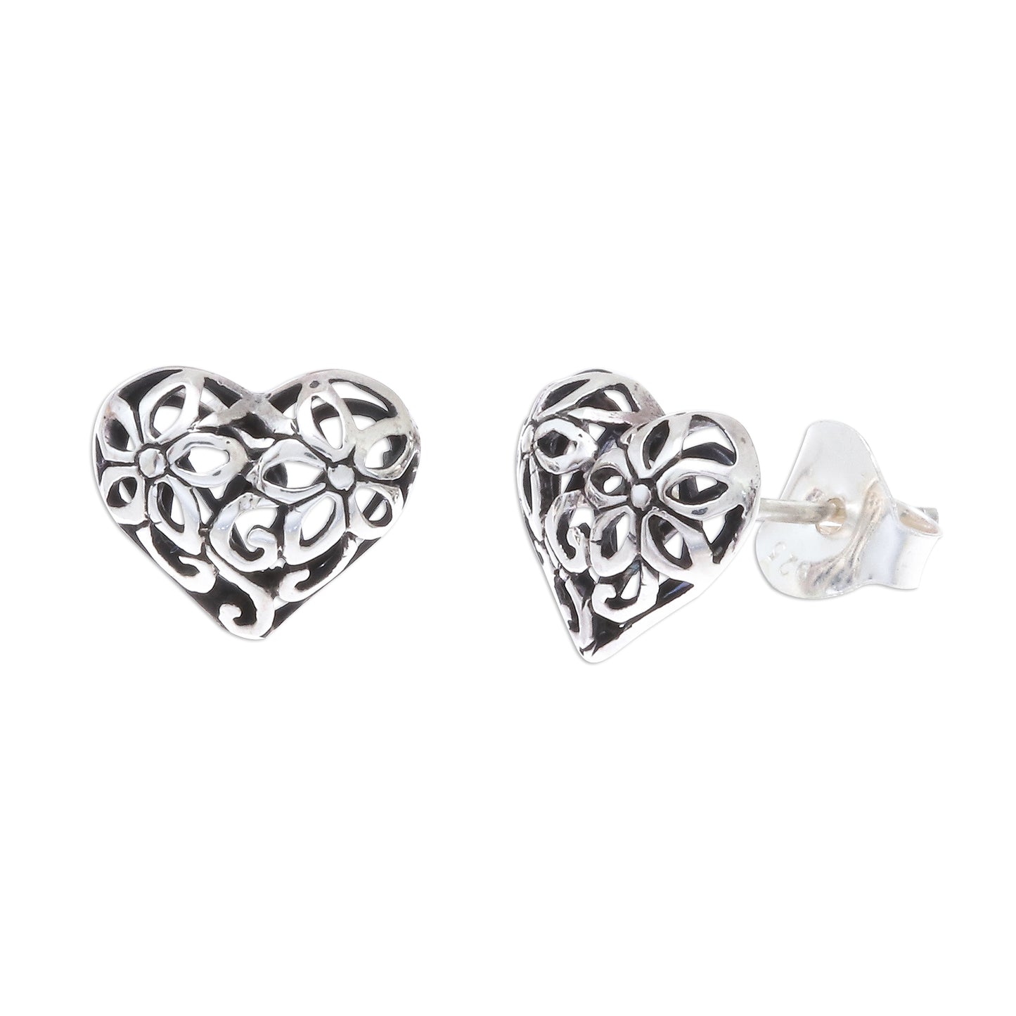 Filled with Flowers Heart-Shaped Floral Sterling Silver Stud Earrings