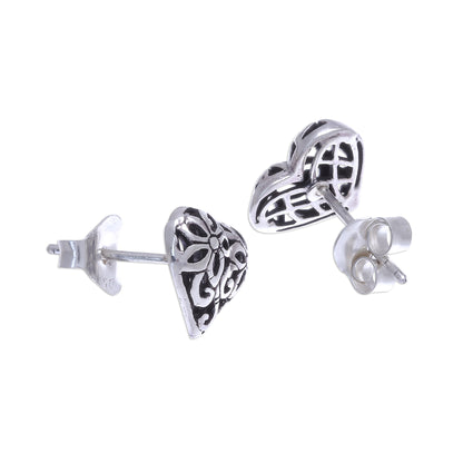 Filled with Flowers Heart-Shaped Floral Sterling Silver Stud Earrings