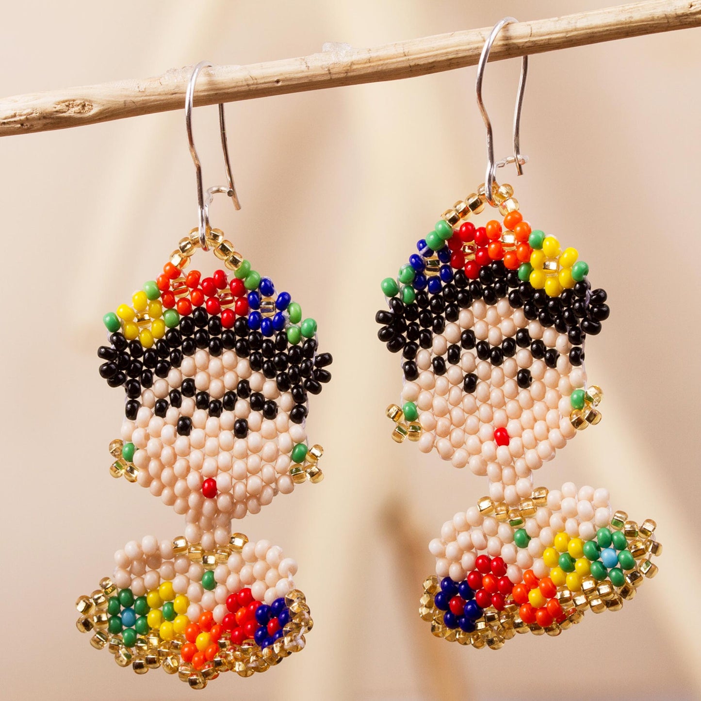 Frida Beads Frida Kahlo Glass Beaded Dangle Earrings from Mexico