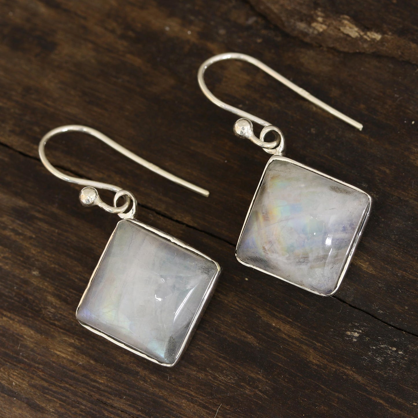 Fascinating Frames Square Rainbow Moonstone Dangle Earrings from India