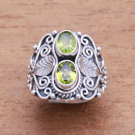 Verdant Eyes Leaf Motif Peridot Cocktail Ring Crafted in Bali