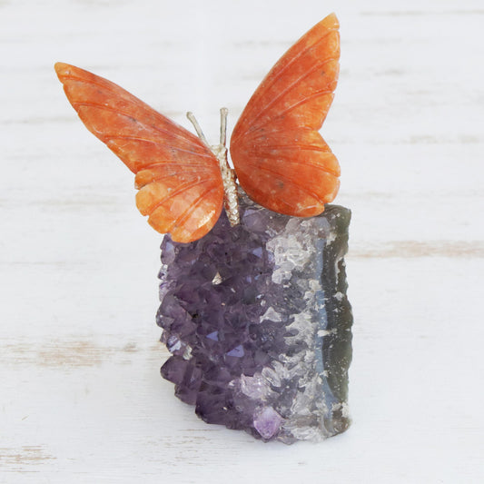 Orange Wings Orange Calcite and Amethyst Butterfly Gemstone Sculpture