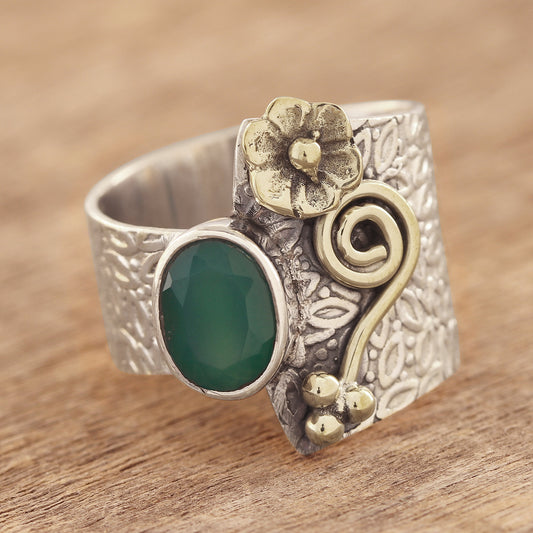 Garden Gold Floral Green Onyx Cocktail Ring Crafted in India