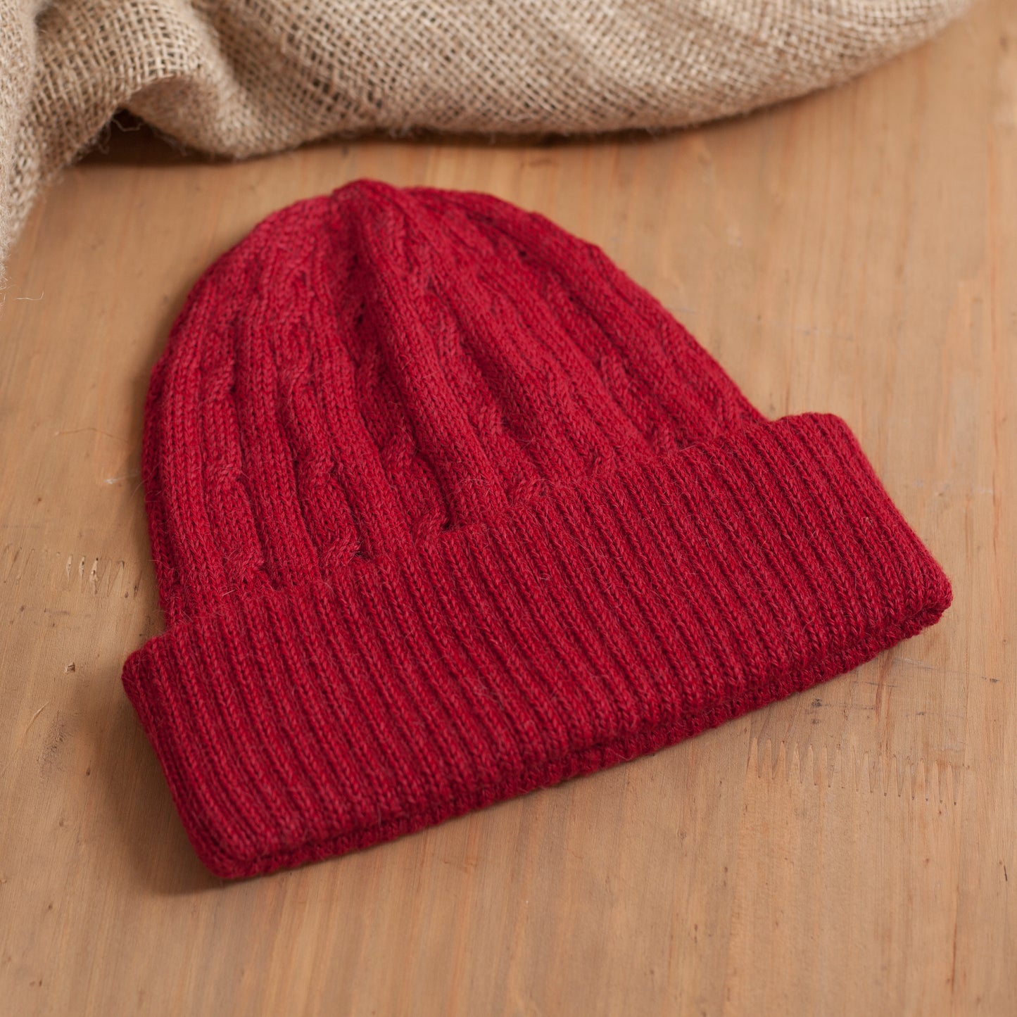 Comfy in Red Crimson Red 100% Alpaca Soft Cable Knit Hat from Peru