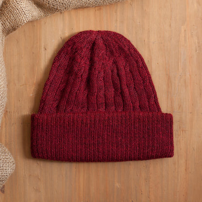 Comfy in Burgundy Cranberry Red 100% Alpaca Soft Cable Knit Hat from Peru