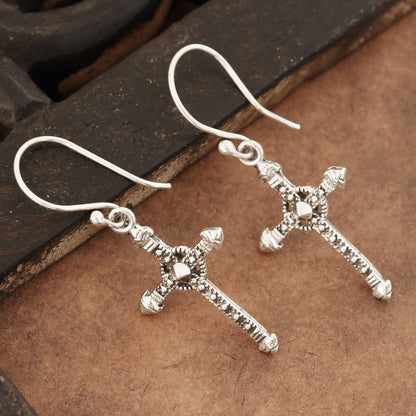 Faithful Dazzle Sterling Silver Cross Dangle Earrings from India