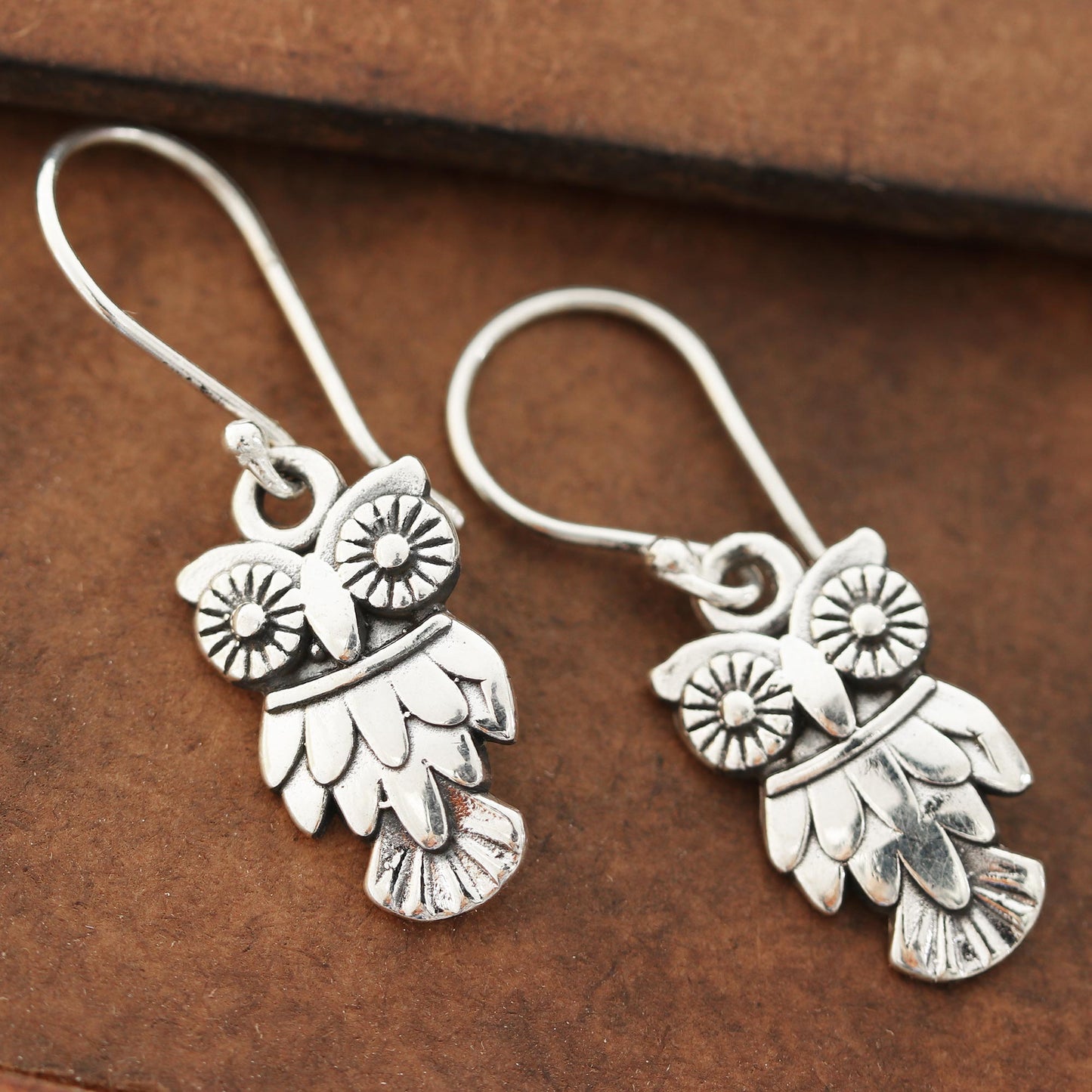 Night Vision Sterling Silver Owl Dangle Earrings from India