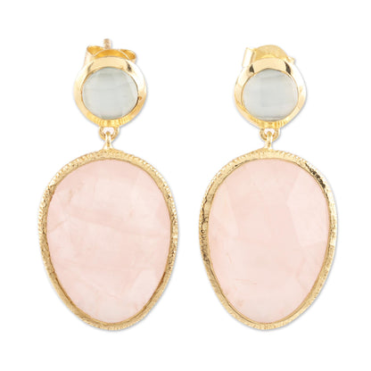 Sparkling Muse Gold Plated Rose Quartz and Chalcedony Dangle Earrings