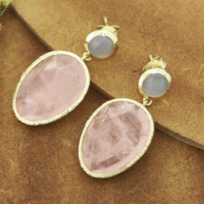 Sparkling Muse Gold Plated Rose Quartz and Chalcedony Dangle Earrings