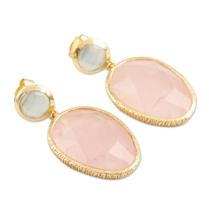 Sparkling Muse Gold Plated Rose Quartz and Chalcedony Dangle Earrings