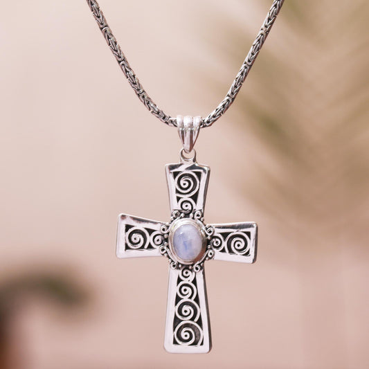 Mesmerizing Faith Rainbow Moonstone Cross Pendant Necklace from Bali