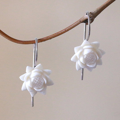 Floating Padma Floral Bone Drop Earrings Crafted in Bali