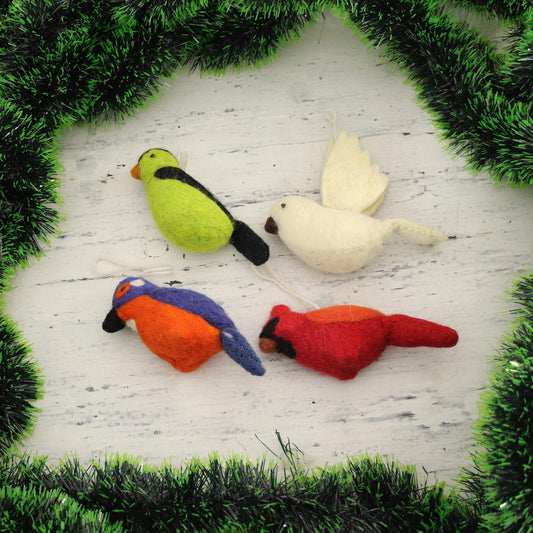 Winter Birds Assorted Wool Felt Bird Ornaments from India (Set of 4)