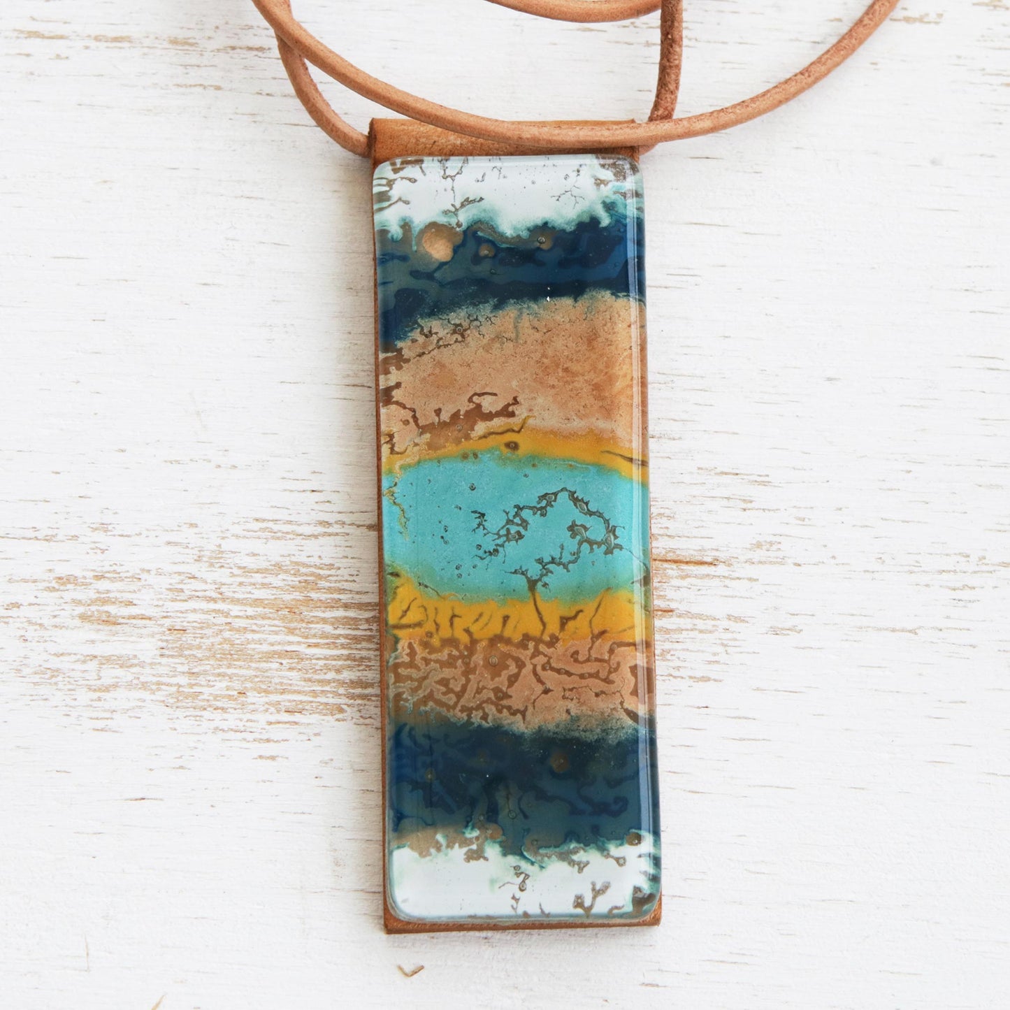 Layers of Ocean Blue and Brown Glass and Leather Pendant Necklace