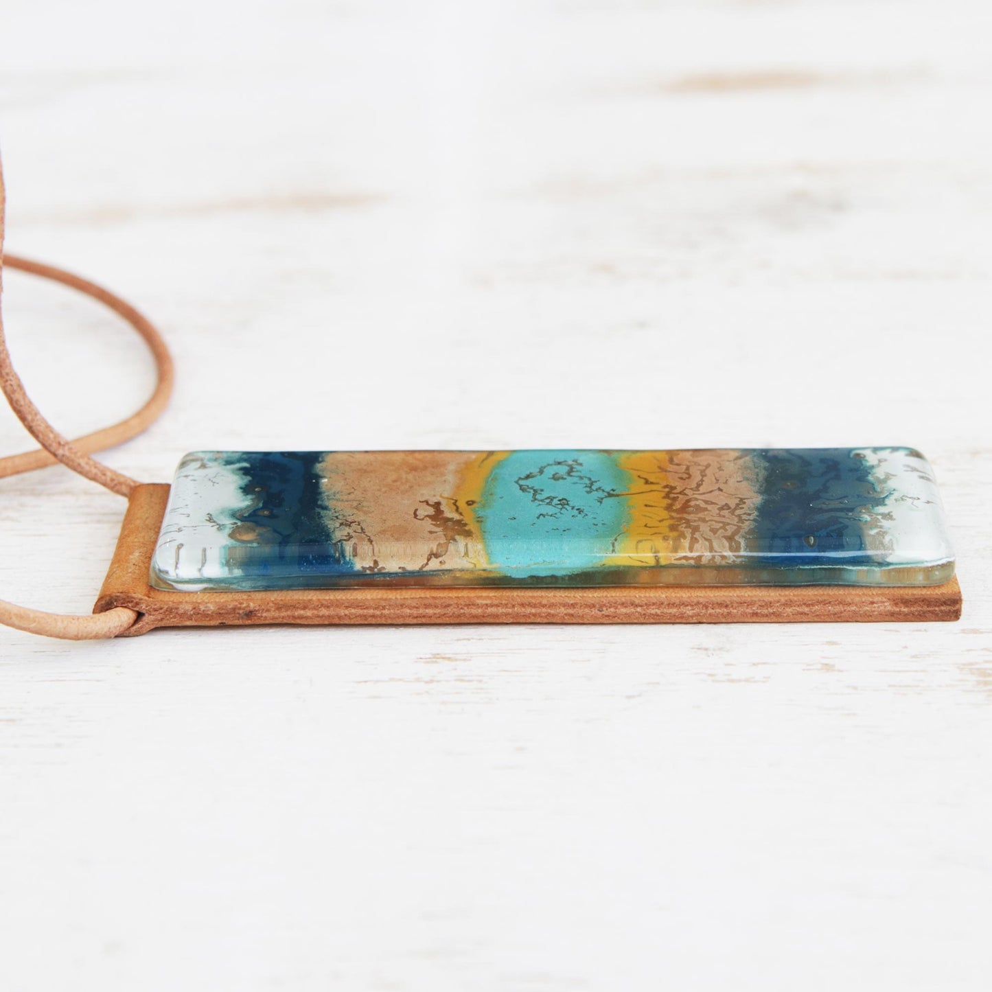 Layers of Ocean Blue and Brown Glass and Leather Pendant Necklace