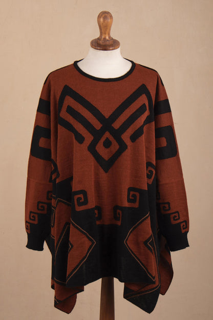 Inca Contrast Black and Russet Alpaca Blend Poncho from Peru